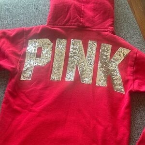 PINK Victoria’s Secret Red Hoodie with Silver Sequin Letters On Back Size M